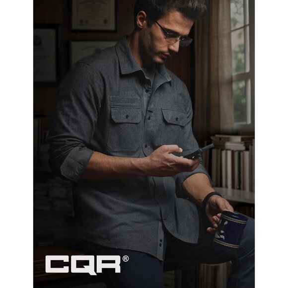 Mens Solid Grey Mood Cotton Flannel Shirt Long Sleeve Casual Outdoor Plaid - Picture 4 of 9